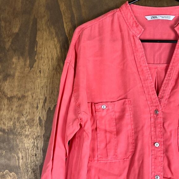 Zara Womens Blouse Coral Utility V Neck Button Down Long Sleeve Medium - Picture 4 of 12